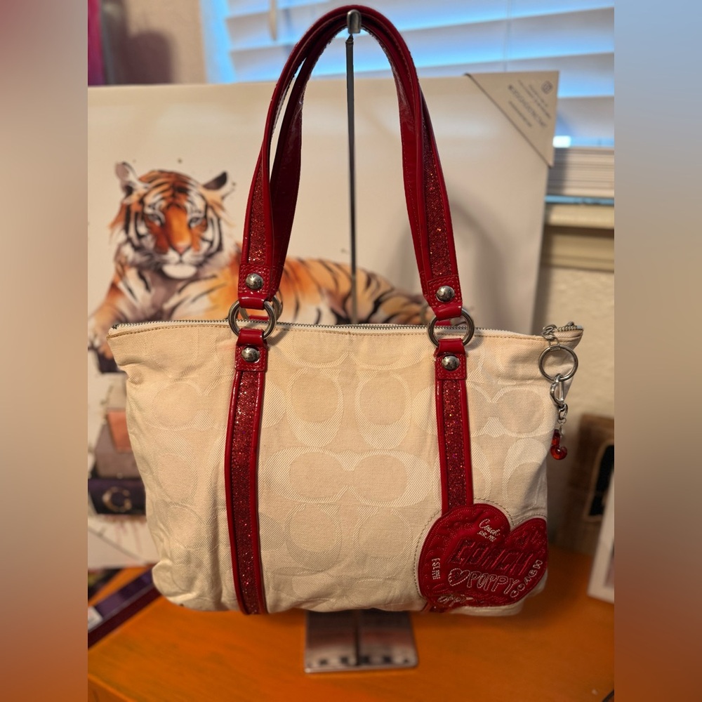 Coach Cream Tote with Red Heart Accents and Straps - Picture 2 of 15